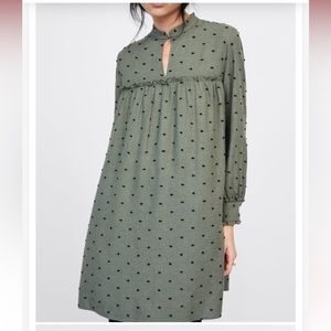 Zara Contrasting Swing Polka Dot Embroidered Mini Dress Green Black Small